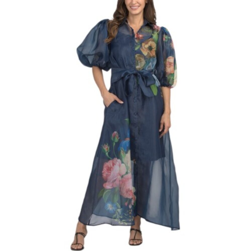 NANCY YANG Puff Sleeve Button Down Dress